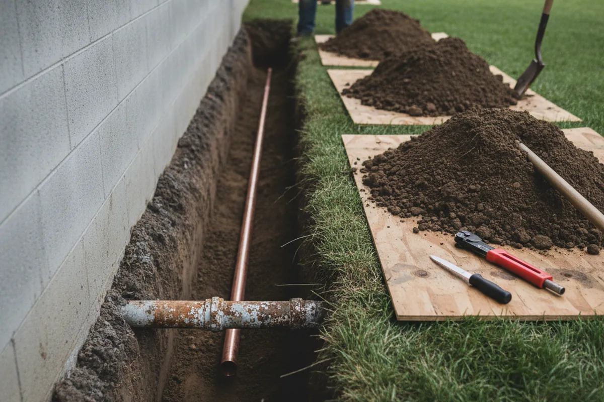 Excavated water line trench during Water Softener Installation in Chestnut Hill